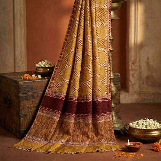 Sanskriti Vintage Saree Beige Pure Crepe Floral Print Sari 5.5+Yard Craft Fabric