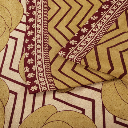 Sanskriti Vintage Saree Beige Pure Crepe Floral Print Sari 5.5+Yard Craft Fabric