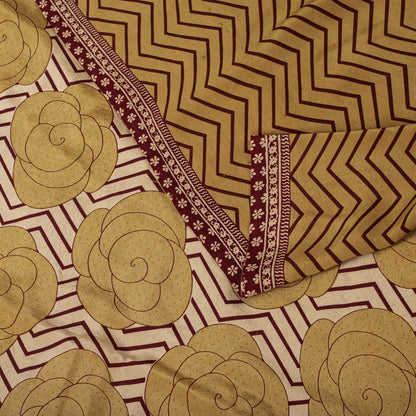 Sanskriti Vintage Saree Beige Pure Crepe Floral Print Sari 5.5+Yard Craft Fabric