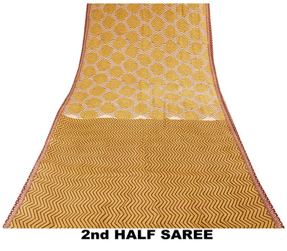 Sanskriti Vintage Saree Beige Pure Crepe Floral Print Sari 5.5+Yard Craft Fabric