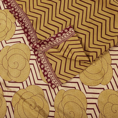 Sanskriti Vintage Saree Beige Pure Crepe Floral Print Sari 5.5+Yard Craft Fabric