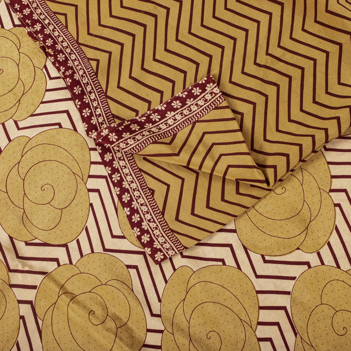 Sanskriti Vintage Saree Beige Pure Crepe Floral Print Sari 5.5+Yard Craft Fabric