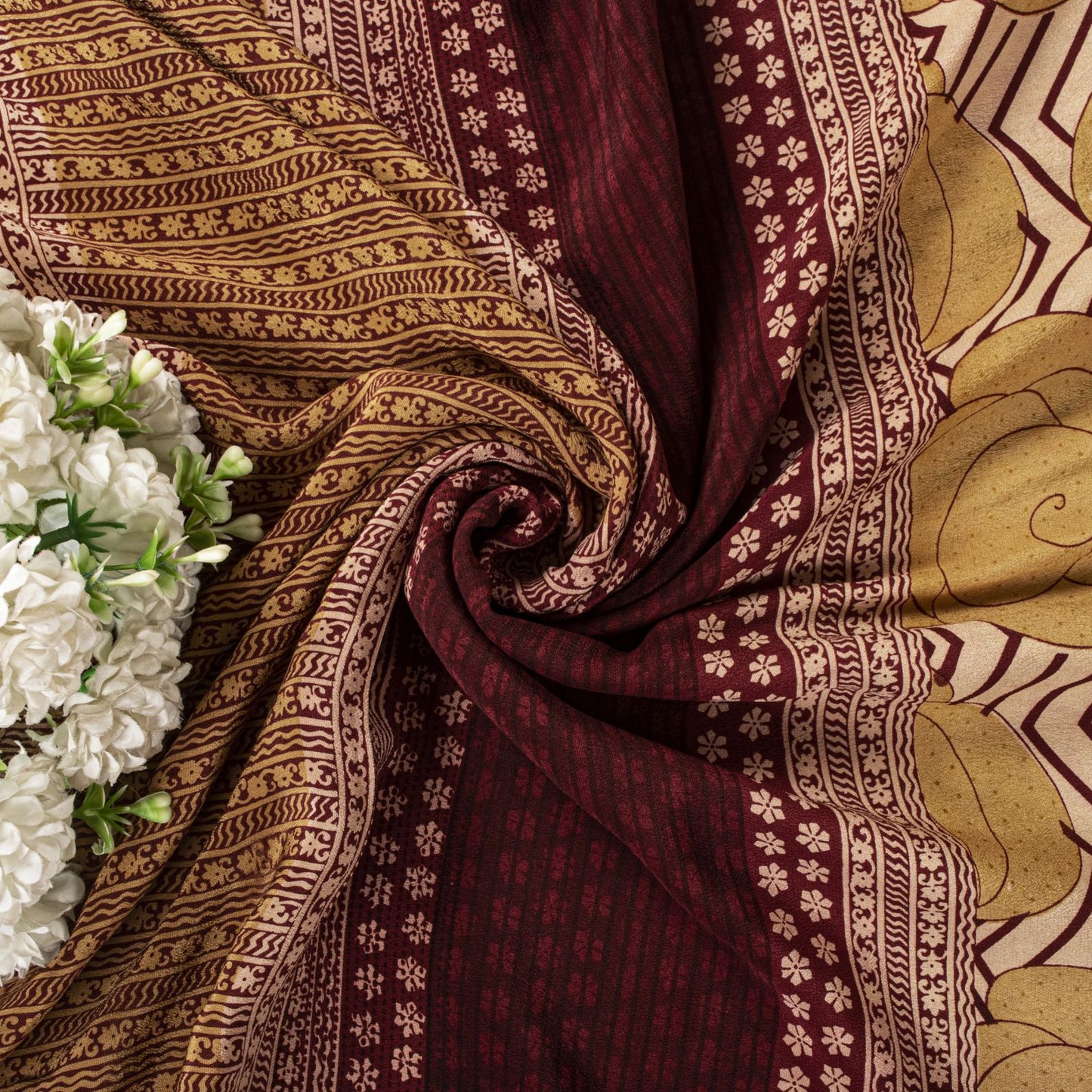 Sanskriti Vintage Saree Beige Pure Crepe Floral Print Sari 5.5+Yard Craft Fabric