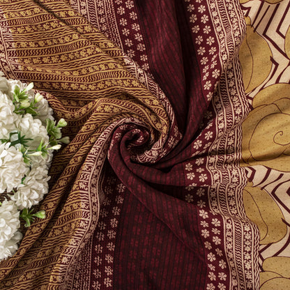 Sanskriti Vintage Saree Beige Pure Crepe Floral Print Sari 5.5+Yard Craft Fabric