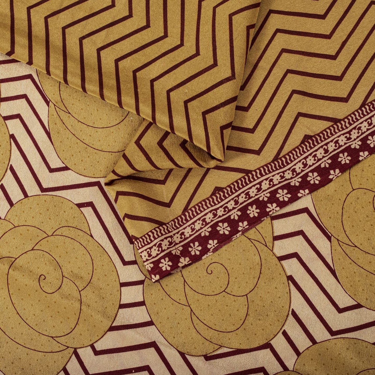 Sanskriti Vintage Saree Beige Pure Crepe Floral Print Sari 5.5+Yard Craft Fabric