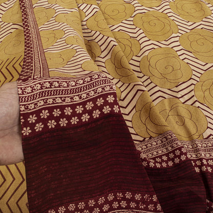 Sanskriti Vintage Saree Beige Pure Crepe Floral Print Sari 5.5+Yard Craft Fabric