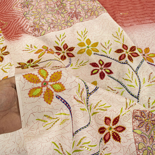 Sanskriti Vintage Saree Pink Pure Crepe Handembroidery-Print Sari 5.5Yard Fabric