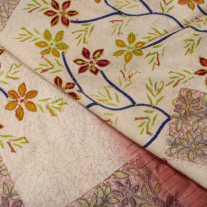 Sanskriti Vintage Saree Pink Pure Crepe Handembroidery-Print Sari 5.5Yard Fabric