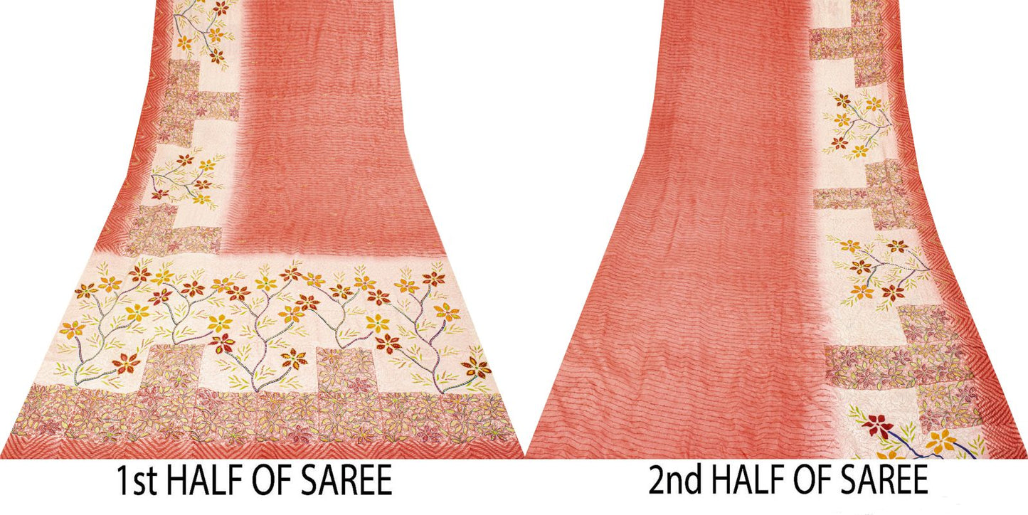 Sanskriti Vintage Saree Pink Pure Crepe Handembroidery-Print Sari 5.5Yard Fabric