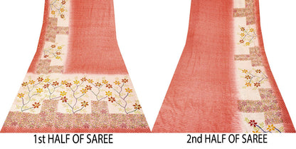 Sanskriti Vintage Saree Pink Pure Crepe Handembroidery-Print Sari 5.5Yard Fabric