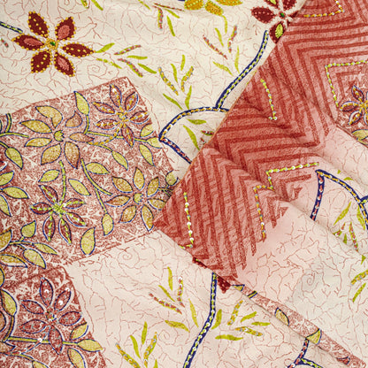 Sanskriti Vintage Saree Pink Pure Crepe Handembroidery-Print Sari 5.5Yard Fabric