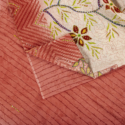 Sanskriti Vintage Saree Pink Pure Crepe Handembroidery-Print Sari 5.5Yard Fabric