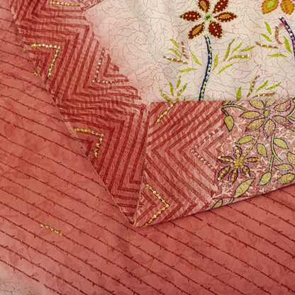 Sanskriti Vintage Saree Pink Pure Crepe Handembroidery-Print Sari 5.5Yard Fabric