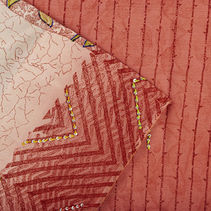 Sanskriti Vintage Saree Pink Pure Crepe Handembroidery-Print Sari 5.5Yard Fabric