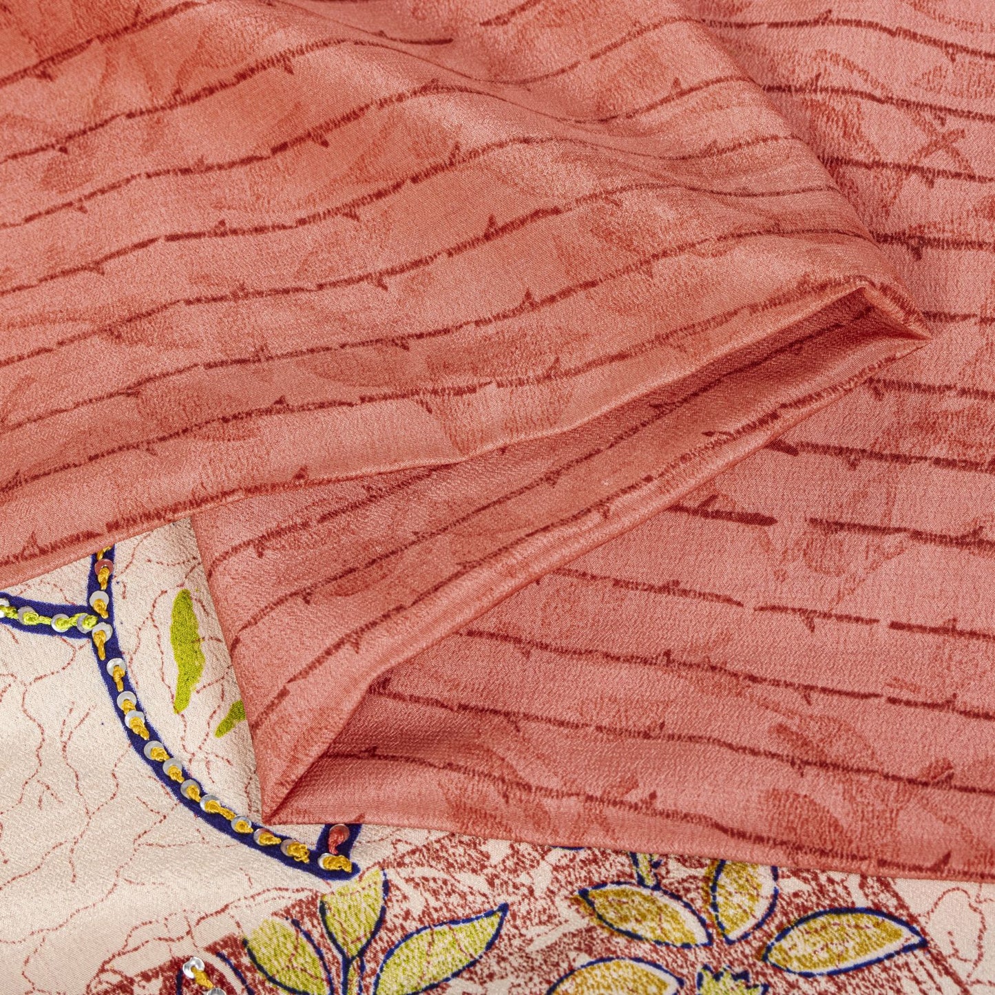 Sanskriti Vintage Saree Pink Pure Crepe Handembroidery-Print Sari 5.5Yard Fabric