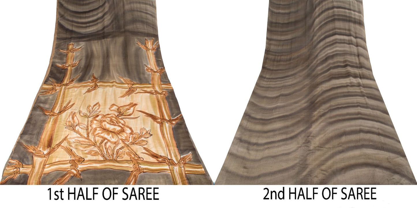 Sanskriti Vintage Saree Gray Pure Crepe Floral Digital Print Sari 5+Yard Fabric