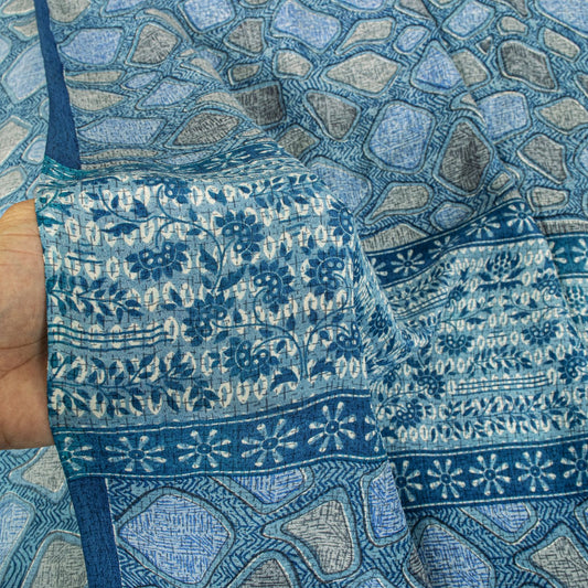 Sanskriti Vintage Saree Blue Pure Crepe Abstract Print Sari 5.5+Yard CraftFabric