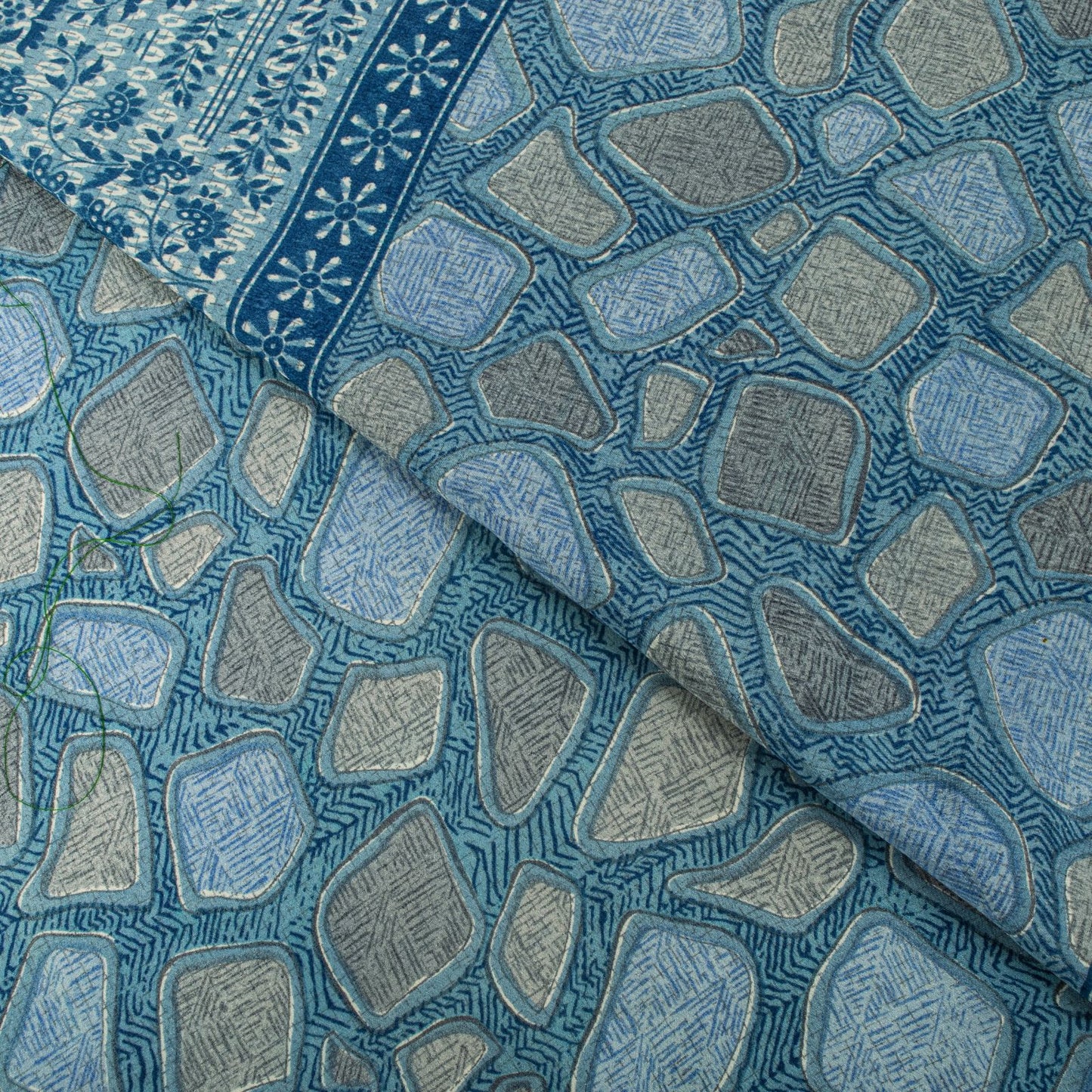Sanskriti Vintage Saree Blue Pure Crepe Abstract Print Sari 5.5+Yard CraftFabric