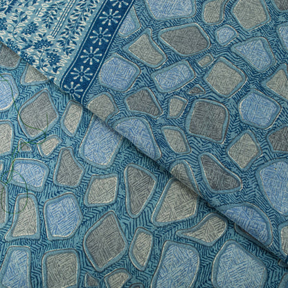 Sanskriti Vintage Saree Blue Pure Crepe Abstract Print Sari 5.5+Yard CraftFabric