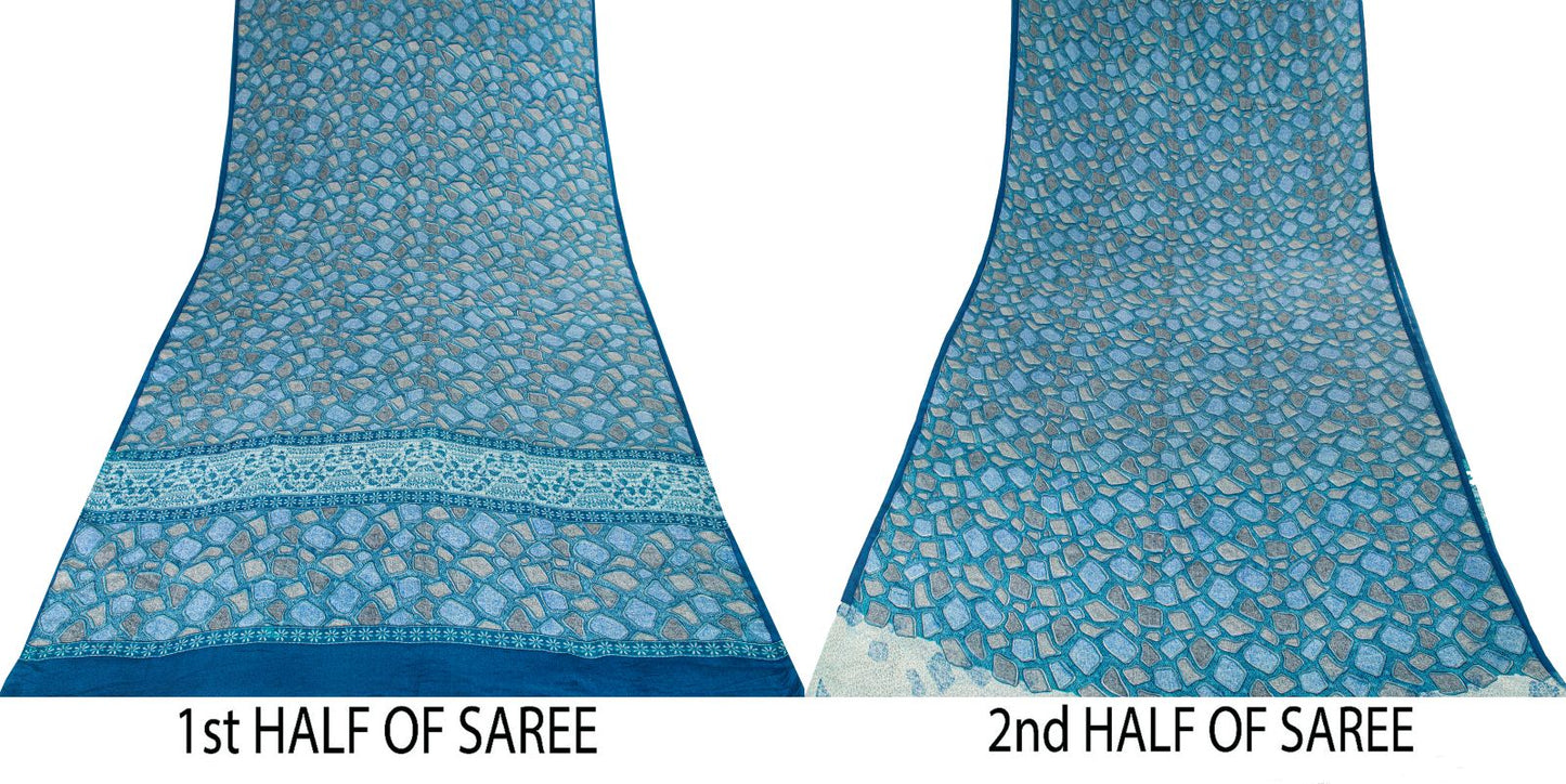 Sanskriti Vintage Saree Blue Pure Crepe Abstract Print Sari 5.5+Yard CraftFabric