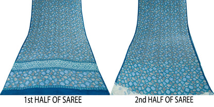 Sanskriti Vintage Saree Blue Pure Crepe Abstract Print Sari 5.5+Yard CraftFabric
