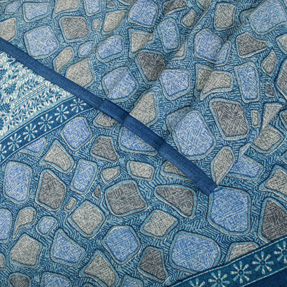 Sanskriti Vintage Saree Blue Pure Crepe Abstract Print Sari 5.5+Yard CraftFabric