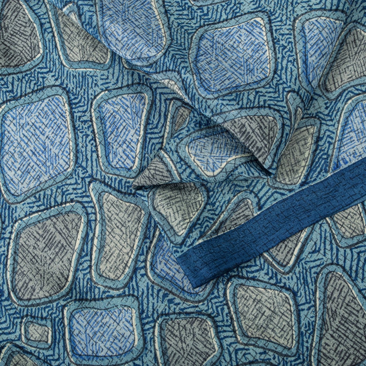 Sanskriti Vintage Saree Blue Pure Crepe Abstract Print Sari 5.5+Yard CraftFabric