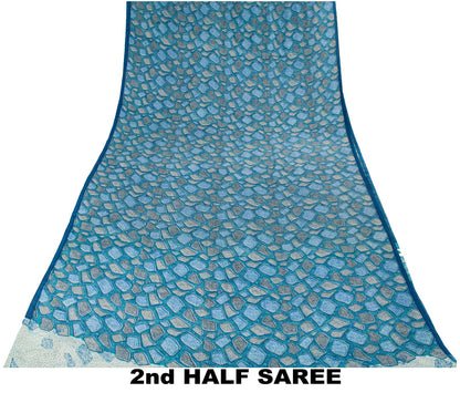 Sanskriti Vintage Saree Blue Pure Crepe Abstract Print Sari 5.5+Yard CraftFabric