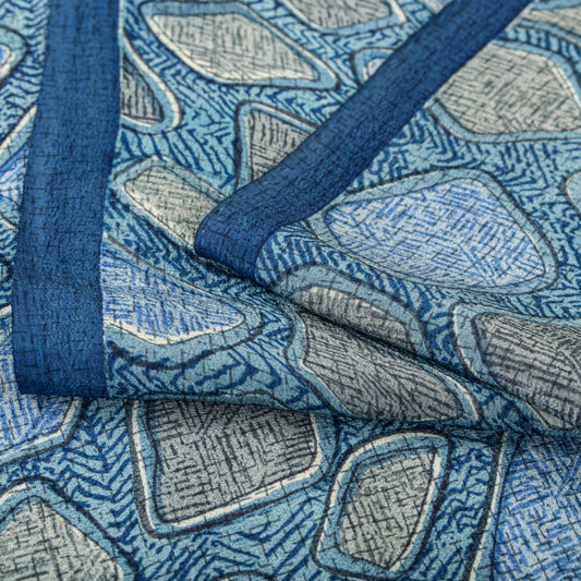 Sanskriti Vintage Saree Blue Pure Crepe Abstract Print Sari 5.5+Yard CraftFabric