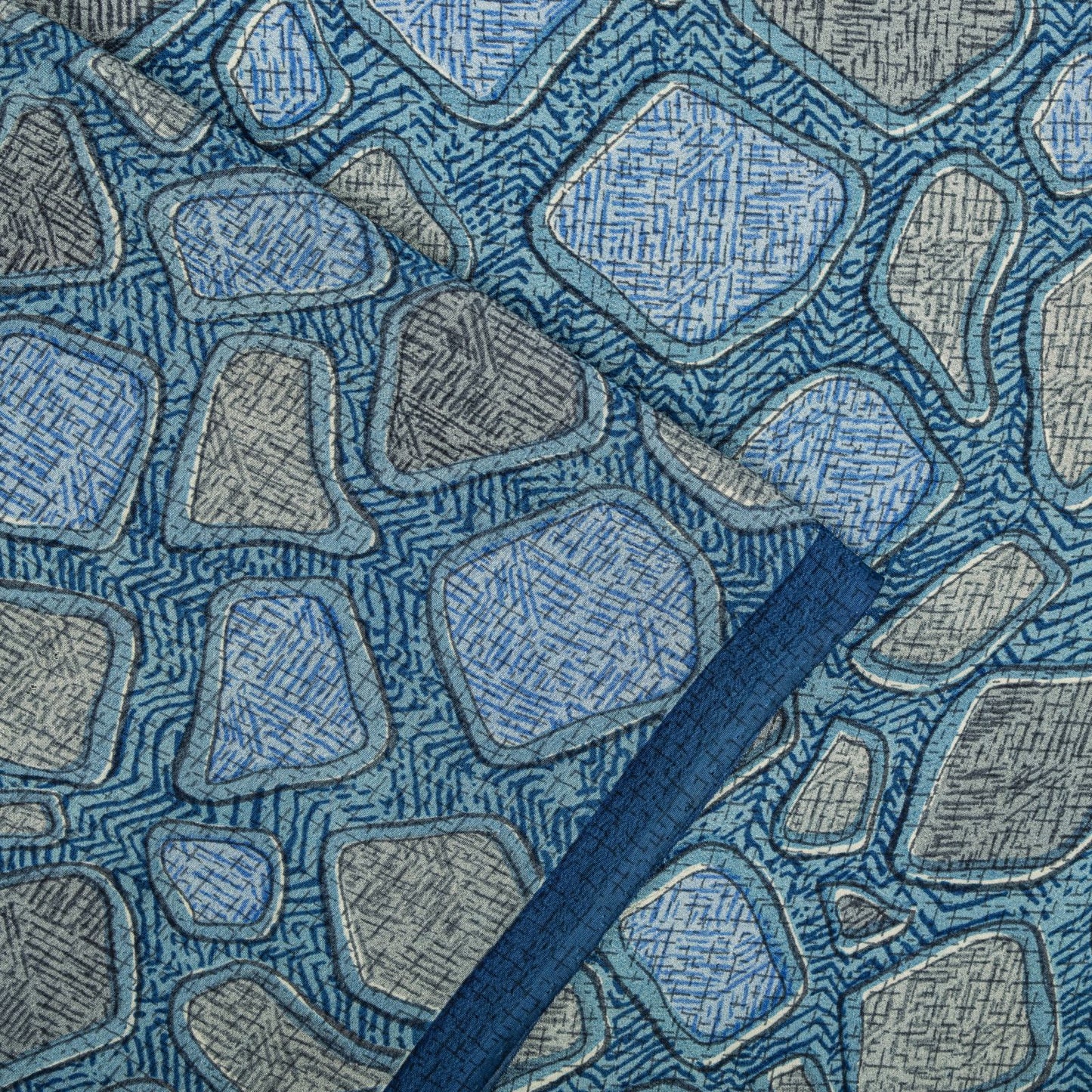 Sanskriti Vintage Saree Blue Pure Crepe Abstract Print Sari 5.5+Yard CraftFabric