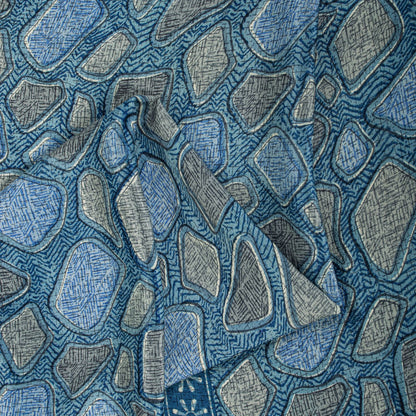 Sanskriti Vintage Saree Blue Pure Crepe Abstract Print Sari 5.5+Yard CraftFabric