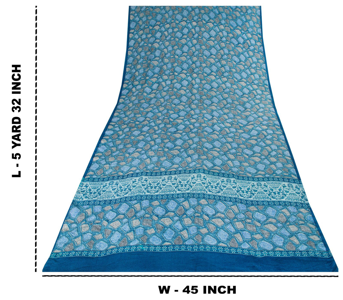 Sanskriti Vintage Saree Blue Pure Crepe Abstract Print Sari 5.5+Yard CraftFabric