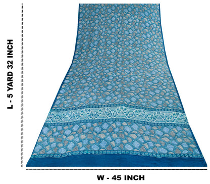 Sanskriti Vintage Saree Blue Pure Crepe Abstract Print Sari 5.5+Yard CraftFabric