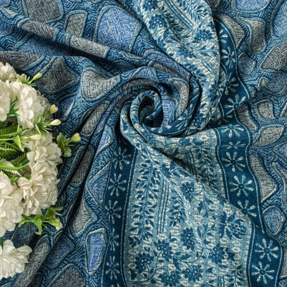 Sanskriti Vintage Saree Blue Pure Crepe Abstract Print Sari 5.5+Yard CraftFabric