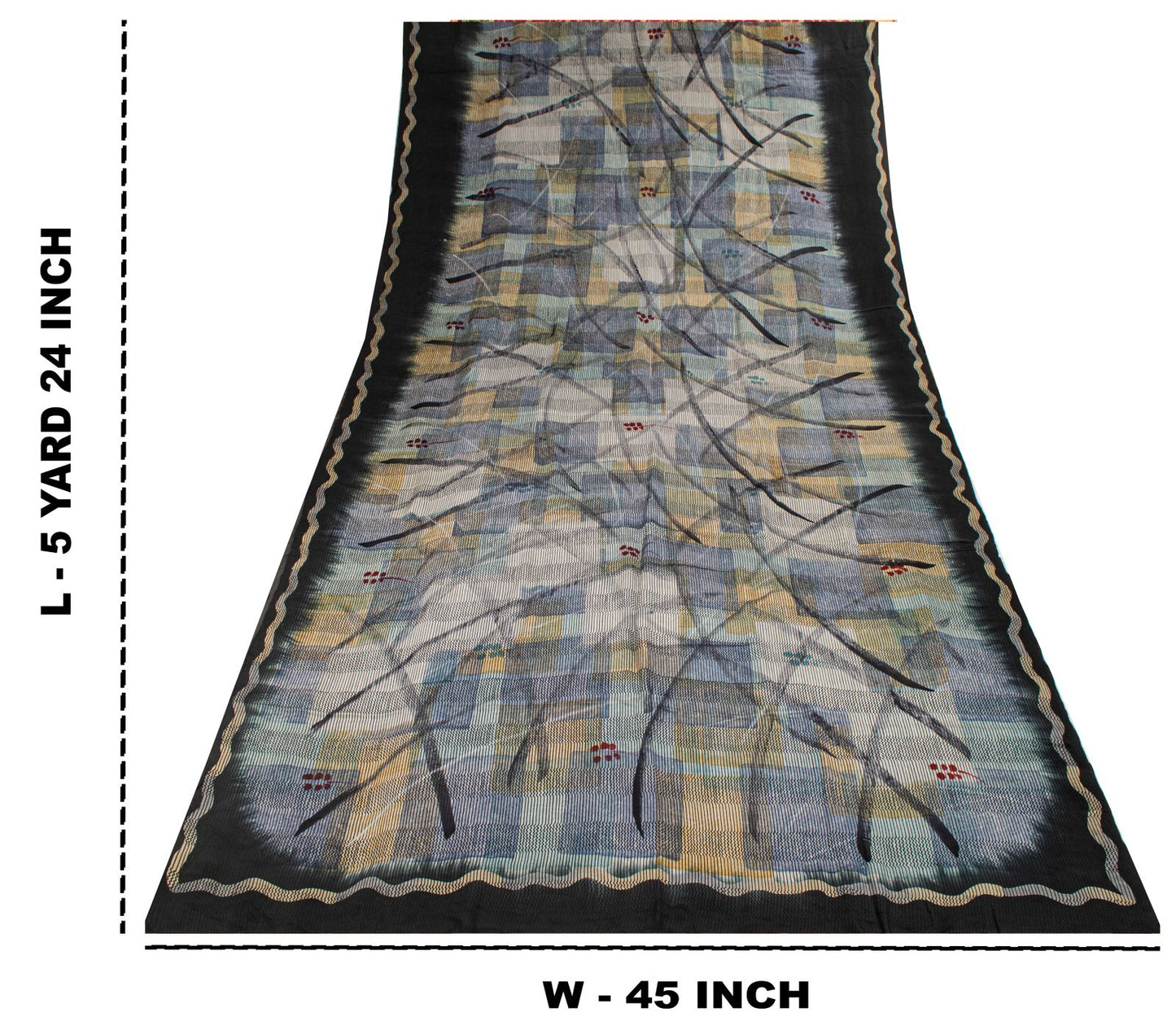 Sanskriti Vintage Saree Gray-Black Pure Crepe Abstract Print Sari 5.5Yard Fabric