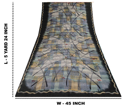 Sanskriti Vintage Saree Gray-Black Pure Crepe Abstract Print Sari 5.5Yard Fabric