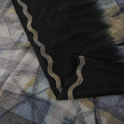 Sanskriti Vintage Saree Gray-Black Pure Crepe Abstract Print Sari 5.5Yard Fabric