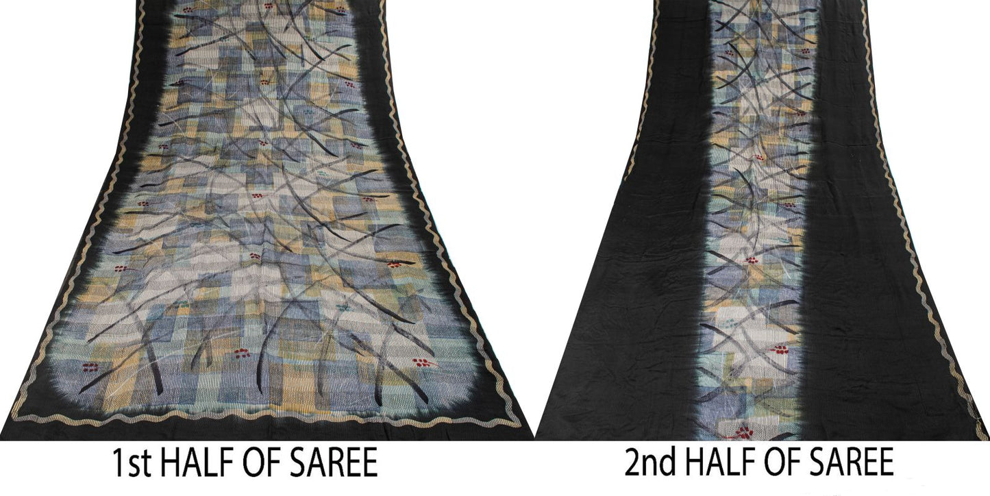 Sanskriti Vintage Saree Gray-Black Pure Crepe Abstract Print Sari 5.5Yard Fabric