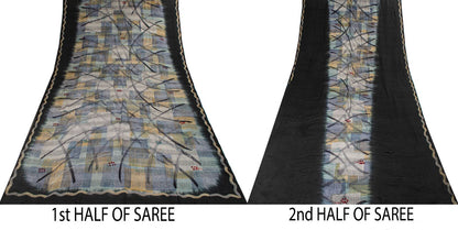Sanskriti Vintage Saree Gray-Black Pure Crepe Abstract Print Sari 5.5Yard Fabric