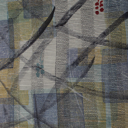 Sanskriti Vintage Saree Gray-Black Pure Crepe Abstract Print Sari 5.5Yard Fabric