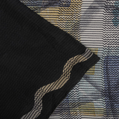 Sanskriti Vintage Saree Gray-Black Pure Crepe Abstract Print Sari 5.5Yard Fabric