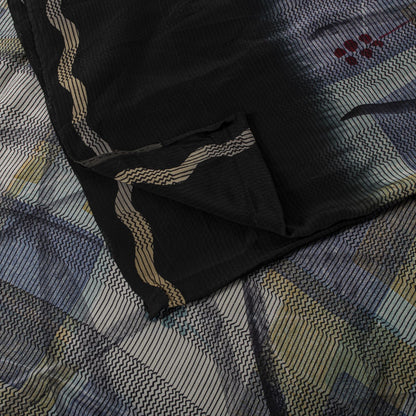 Sanskriti Vintage Saree Gray-Black Pure Crepe Abstract Print Sari 5.5Yard Fabric