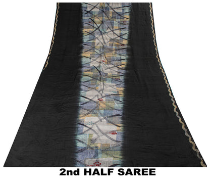 Sanskriti Vintage Saree Gray-Black Pure Crepe Abstract Print Sari 5.5Yard Fabric