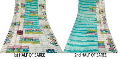 Sanskriti Vintage Saree Blue Pure Crepe Geometric Printed Sari 5.5Yard Fabric
