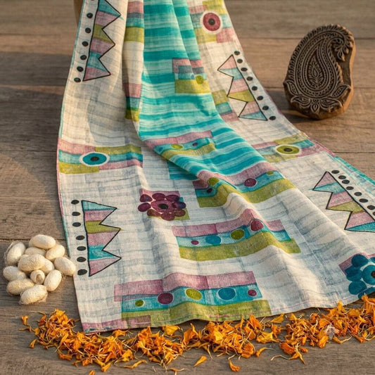 Sanskriti Vintage Saree Blue Pure Crepe Geometric Printed Sari 5.5Yard Fabric