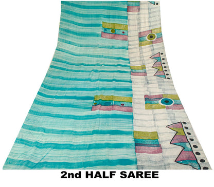 Sanskriti Vintage Saree Blue Pure Crepe Geometric Printed Sari 5.5Yard Fabric