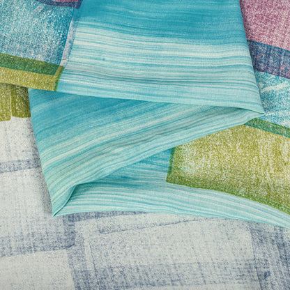 Sanskriti Vintage Saree Blue Pure Crepe Geometric Printed Sari 5.5Yard Fabric