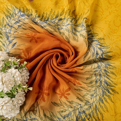Sanskriti Vintage Saree Yellow Pure Crepe Silk Floral Print Sari 5.5+Yard Fabric