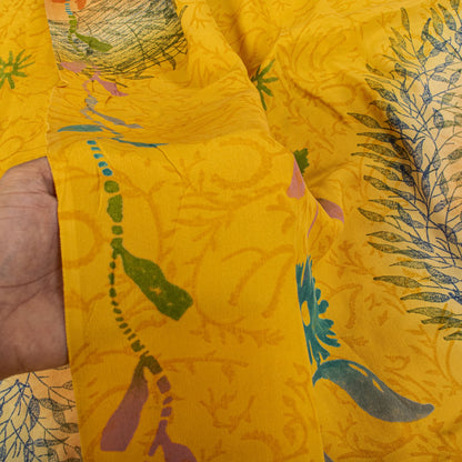 Sanskriti Vintage Saree Yellow Pure Crepe Silk Floral Print Sari 5.5+Yard Fabric