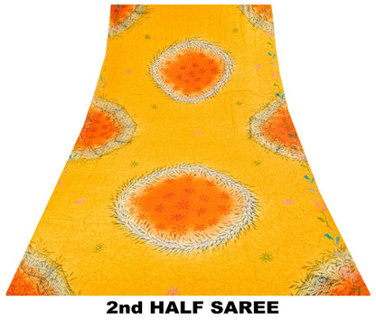 Sanskriti Vintage Saree Yellow Pure Crepe Silk Floral Print Sari 5.5+Yard Fabric